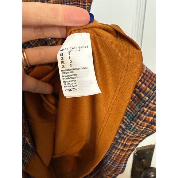 American Eagle Dress Plaid Mini A Line Skater Flare Belted Button Front Brown S - Picture 4 of 7